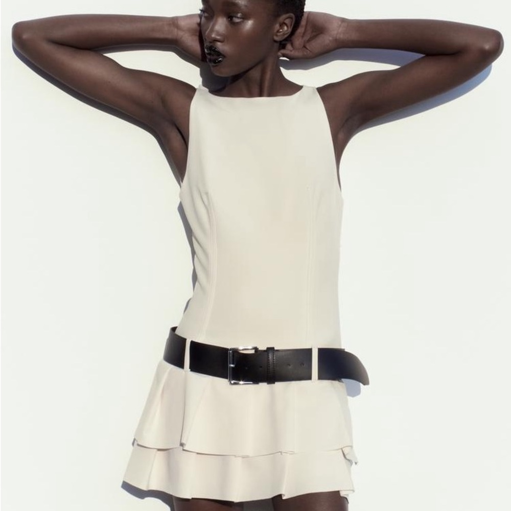 Zara Cream Sleeveless Tiered Mini Dress with Black Belt